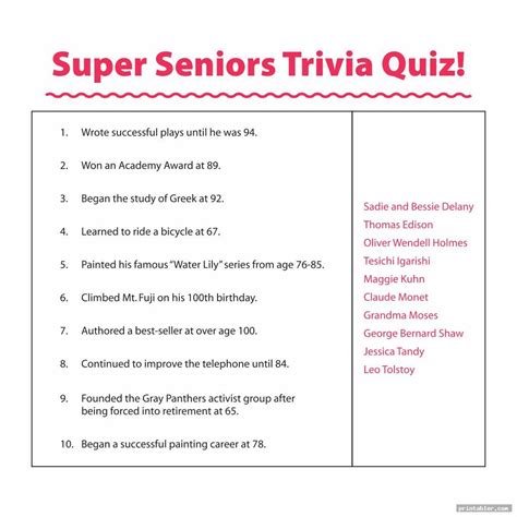 Printable Trivia For Seniors
